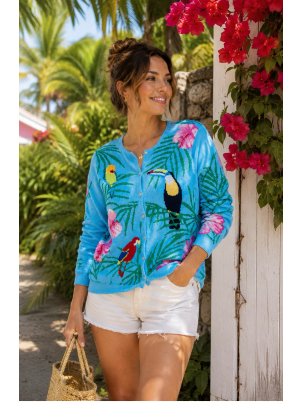David Brooks Tropical Bird Cardigan Sweater Ramie Cotton Aqua Parrot Toucan Flor